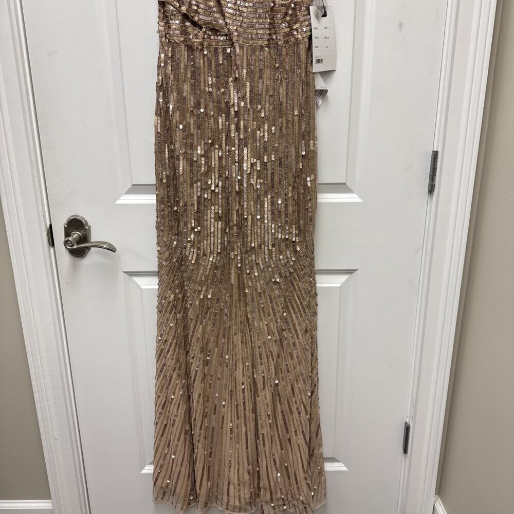 Mac Duggal Size 14 Gold 10817 Sequin Beaded Spaghetti Strap V-neck Gown Dress - Picture 6 of 11